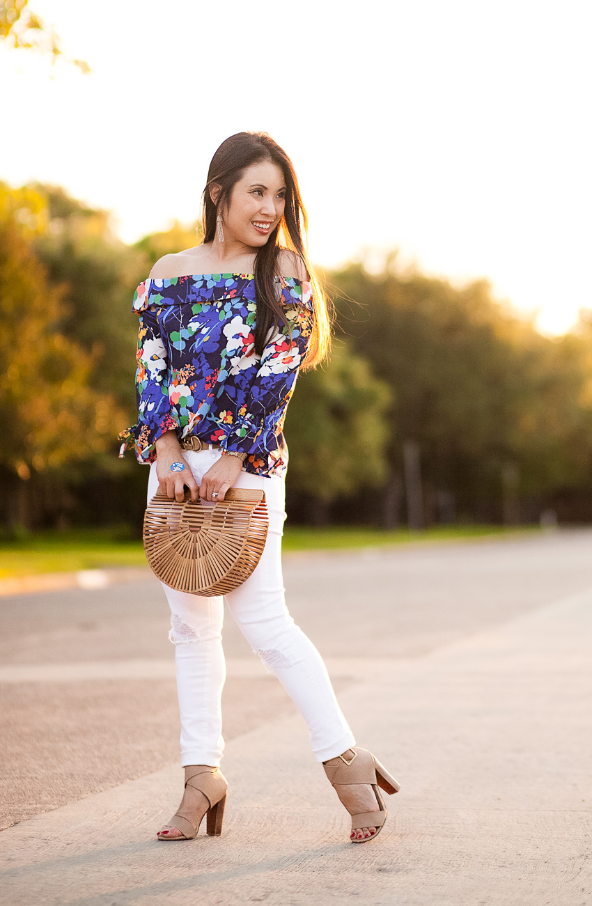 cute & little | petite fashion blog | navy floral off shoulder top, articles of society white jeans, cult gaia ark bag | spring outfit