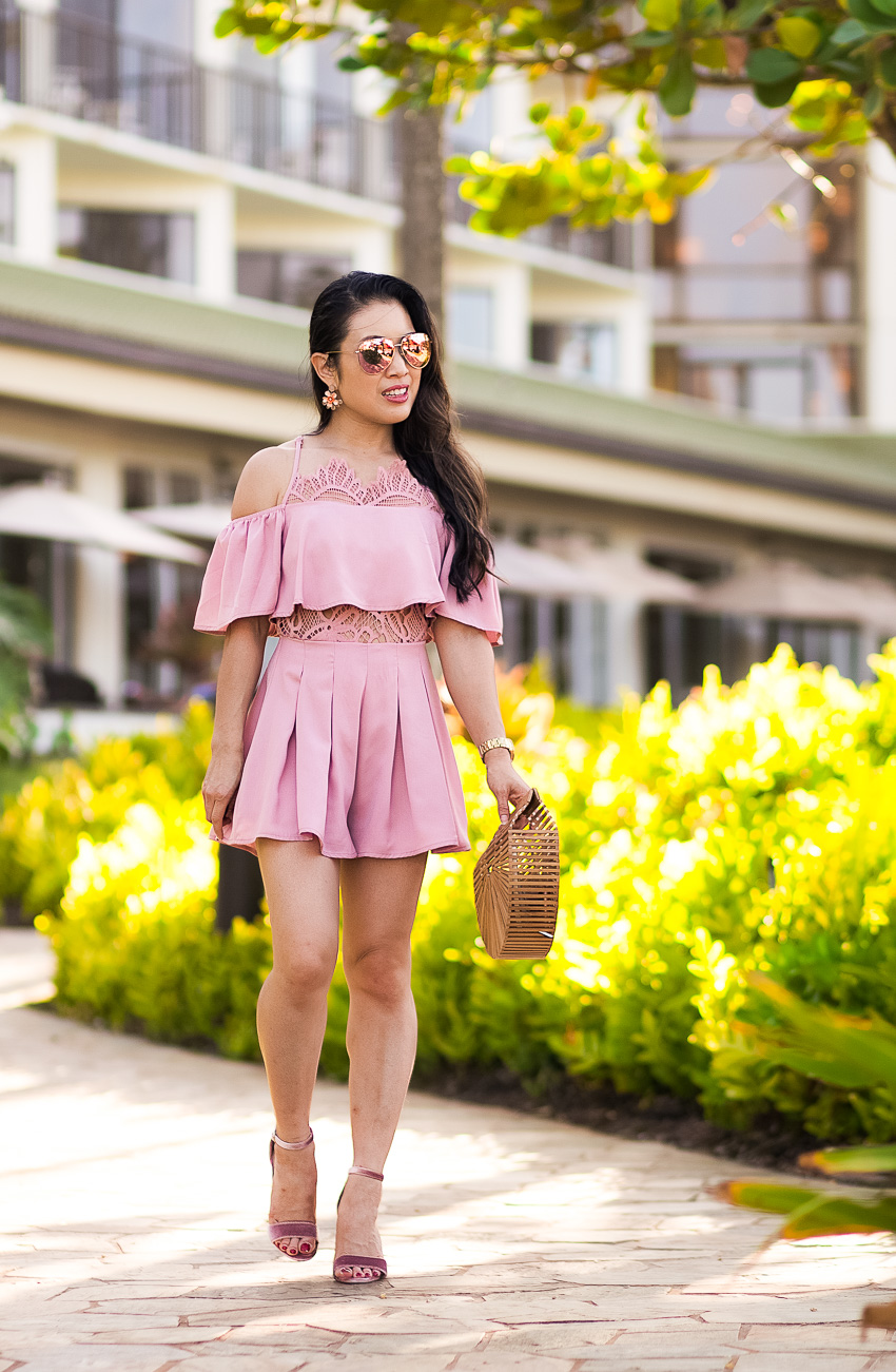 cute & little | petite fashion blog | shein lace frill playsuit romper, steve madden blush pink carrson, cuilt gaia bag, foster grant pink aviator sunglasses | spring summer outft