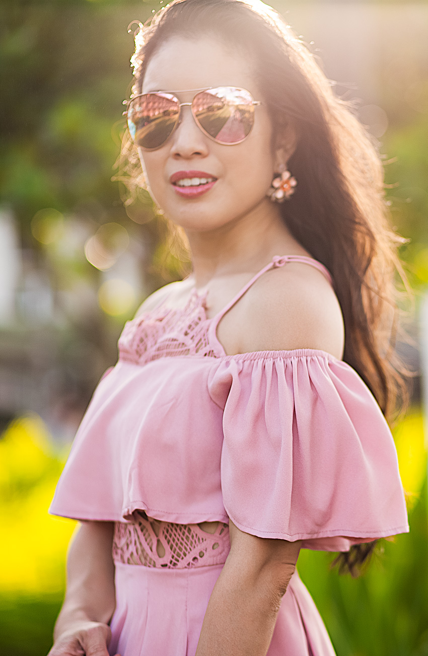 cute & little | petite fashion blog | shein lace frill playsuit romper, steve madden blush pink carrson, cuilt gaia bag, foster grant pink aviator sunglasses | spring summer outft