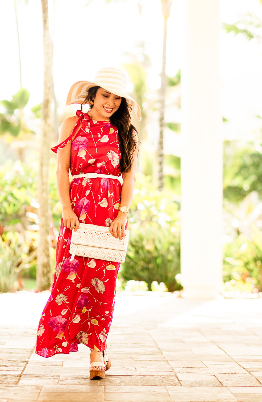 Bold Red Floral Maxi for Luau Kalamaku by Dallas petite fashion blog cute and little