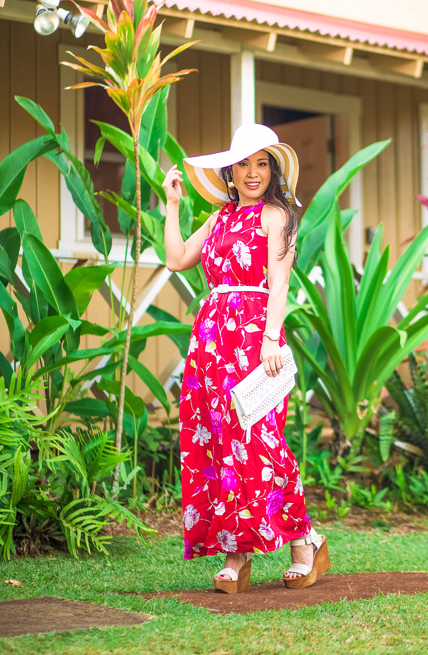Bold Red Floral Maxi for Luau Kalamaku by Dallas petite fashion blog cute and little