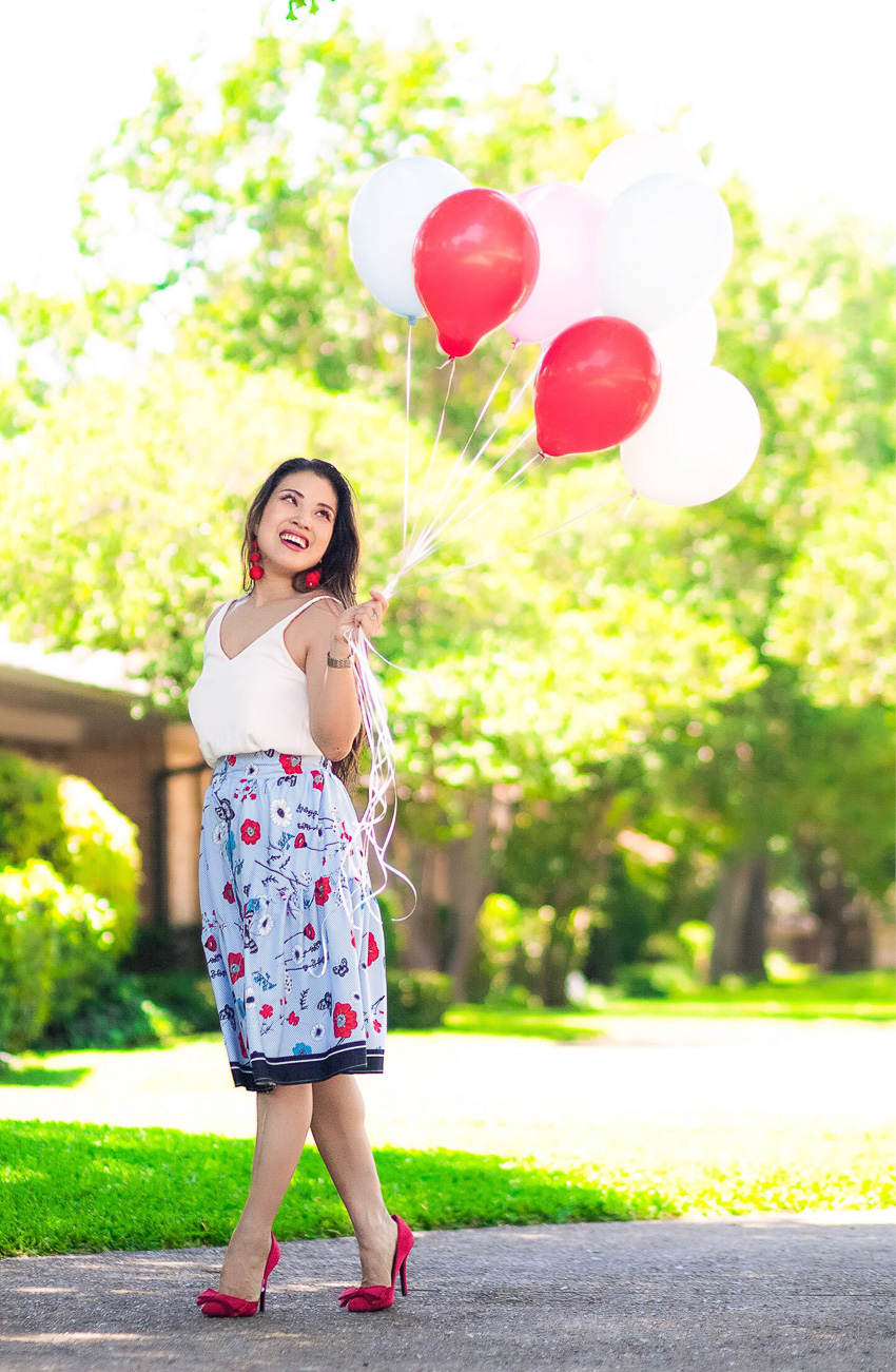cute & little | dallas petite fashion blog | white cami tank, flower print midi skirt, red bow heels | spring summer outfit