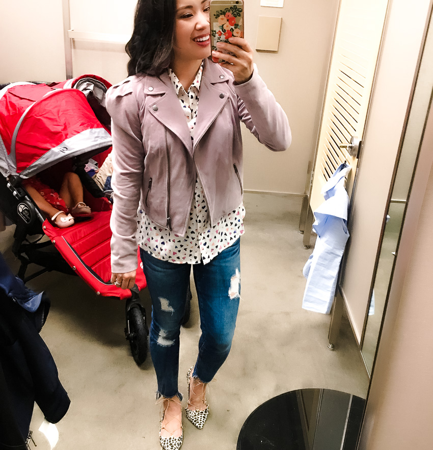 cute & little | dallas petite fashion blog | leith suede moto jacket, ag step hem jeans, giraffe print lace-up flats | nordstrom anniversary sale 2017
