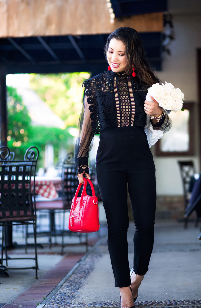 cute & little blog | dallas petite fashion blog | sheer black lace jumpsuit, louboutin pumps | date night outfit