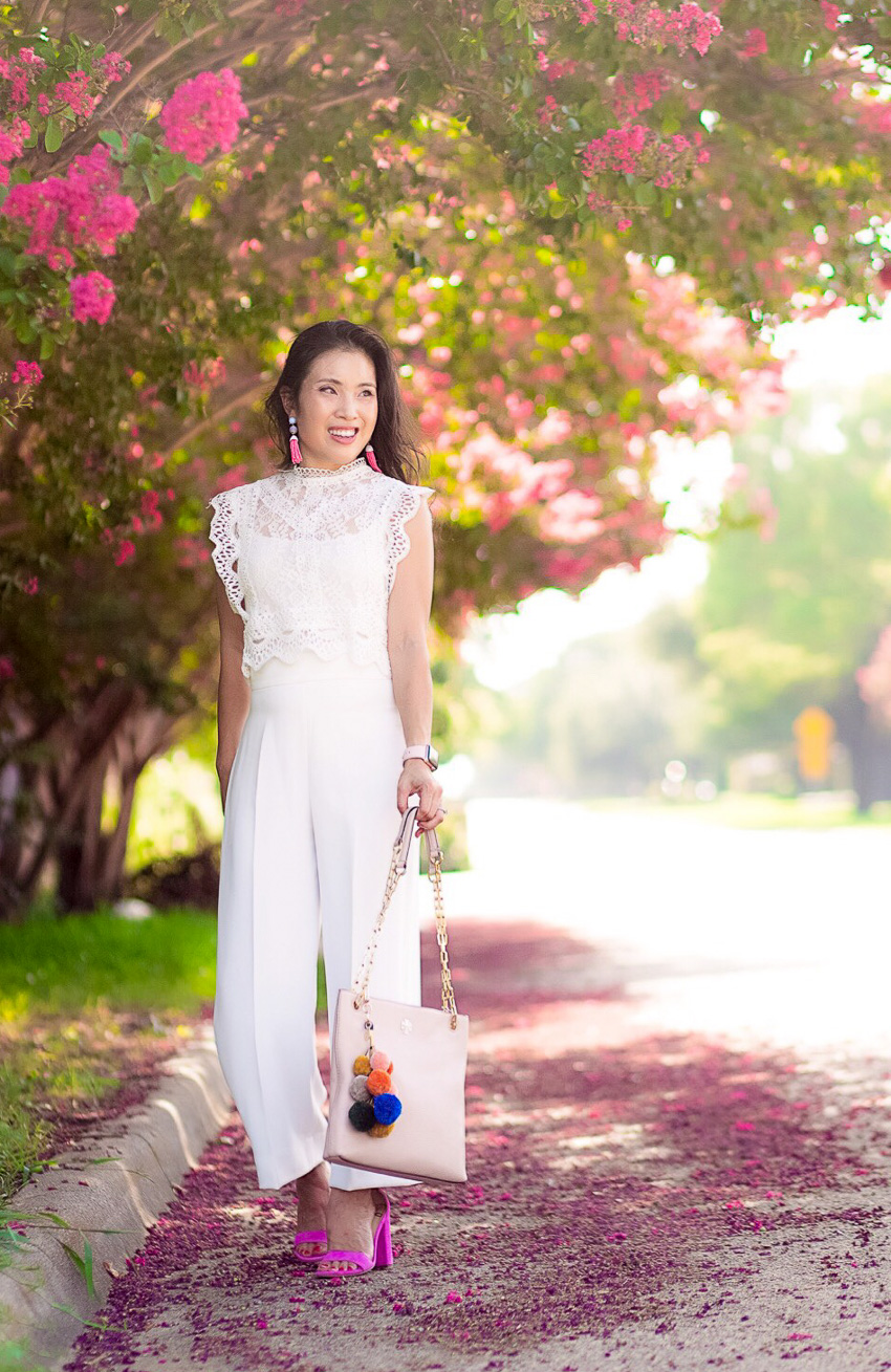 cute & little blog | dallas petite fashion | white lace crochet top, white culottes, pom pom bag, pink shoes | summer outfit