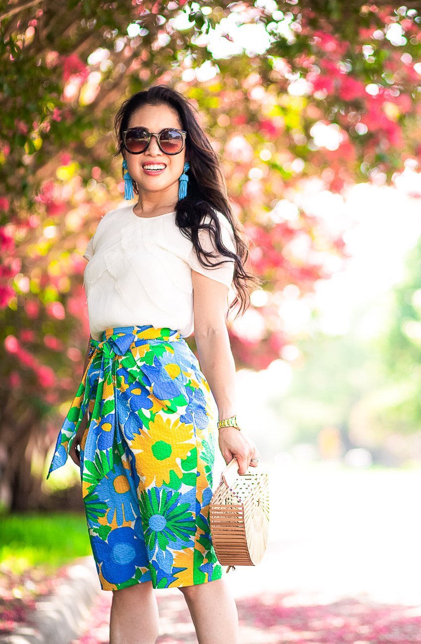 cute & little | dallas petite fashion blog | j.crew tie-waist pencil skirt puckered morning floral, yellow strappy sandals, bamboo bag | summer outfit | how to fake an hourglass figure - 5 Tried-and-True Tips On How To Pair Statement Earrings by popular Dallas fashion blogger, Cute & Little