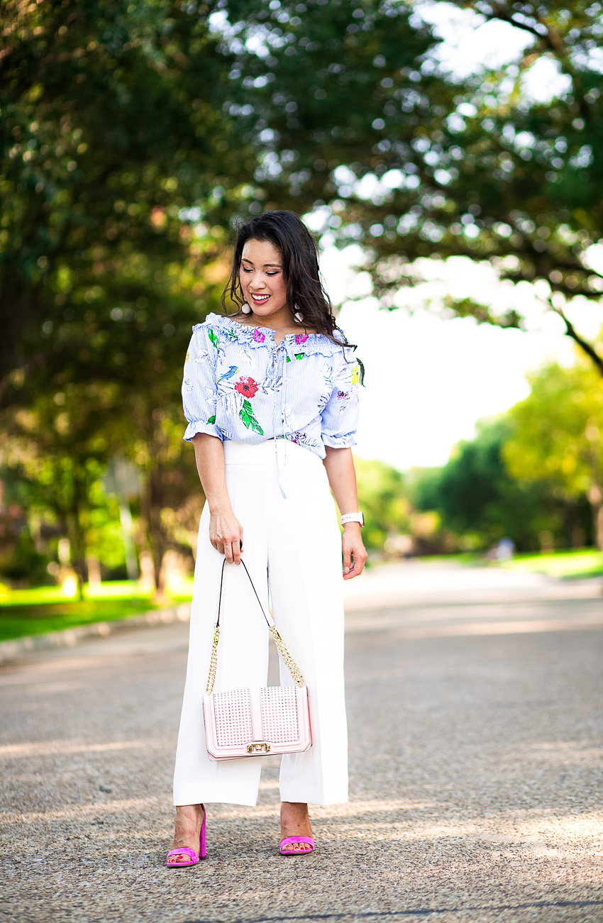 cute & little blog | dallas petite fashion | blue floral off shoulder crop top, white culottes, pink bag, pink shoes | summer outfit