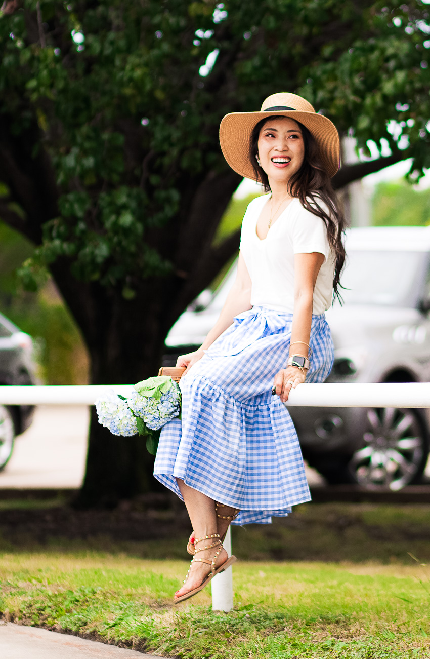 cute & little | dallas petite fashion blog | white v-neck tee, gingham ruffle skirt, boater hat, studded sandals | casual summer outfit