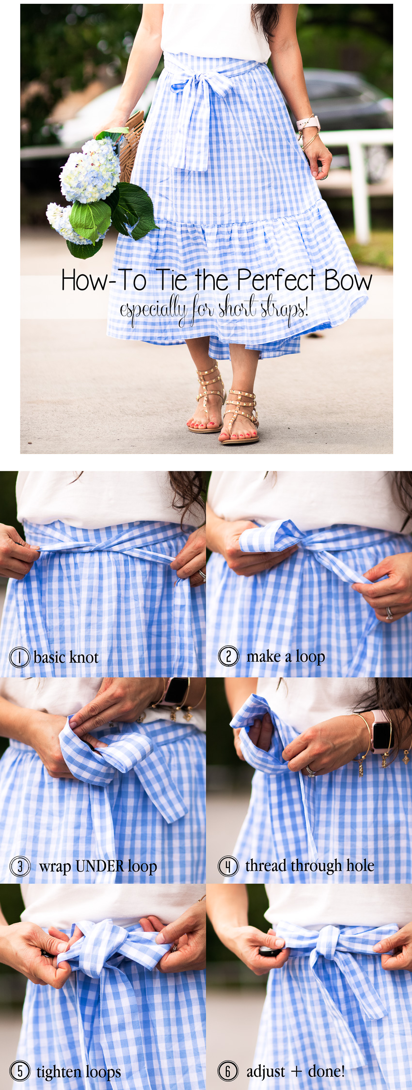 Gingham Ruffles // How To Tie A Perfect Bow by cute & little | dallas petite fashion blog | white v-neck tee, gingham ruffle skirt, boater hat, studded sandals | casual summer outfit