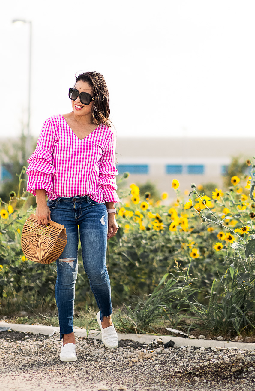 cute & little blog | petite dallas fashion blogger | gingham ruffle sleeve top, step hem jeans, white vince sneakers, bamboo ark bag | summer outfit | sunflowers - Classic Summer Outfit in Gingham and Sneakers by Dallas petite fashion blogger cute and little 