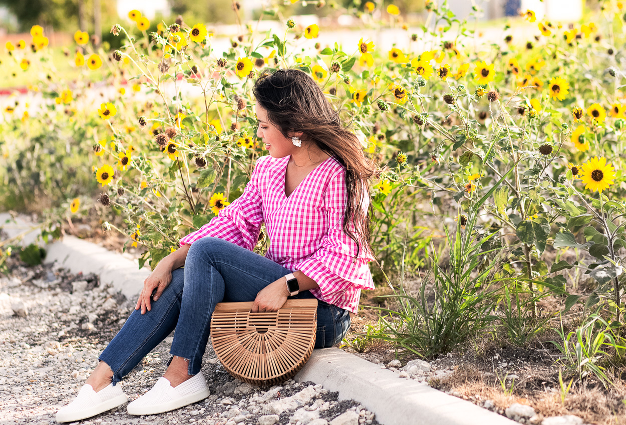 cute & little blog | petite dallas fashion blogger | gingham ruffle sleeve top, step hem jeans, white vince sneakers, bamboo ark bag | summer outfit - Classic Summer Outfit in Gingham and Sneakers by Dallas petite fashion blogger cute and little 