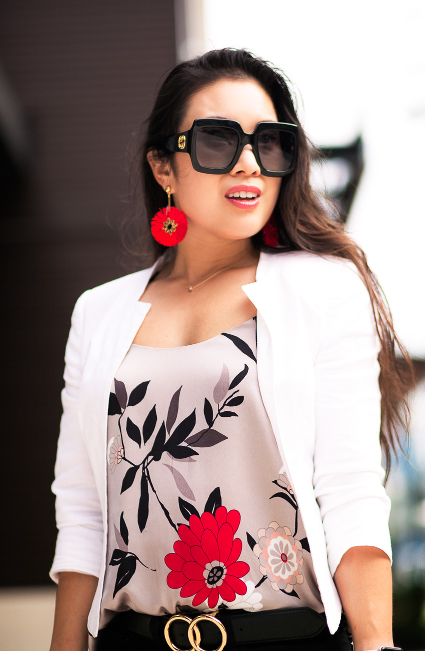 cute & little | dallas petite fashion blogger | white blazer, loft botanical charmeuse cami, baublebar rosita drop earrings, gucci square sunglasses | summer work outfit - Life Update: Balancing Career After Baby by Dallas mom blogger cute and little