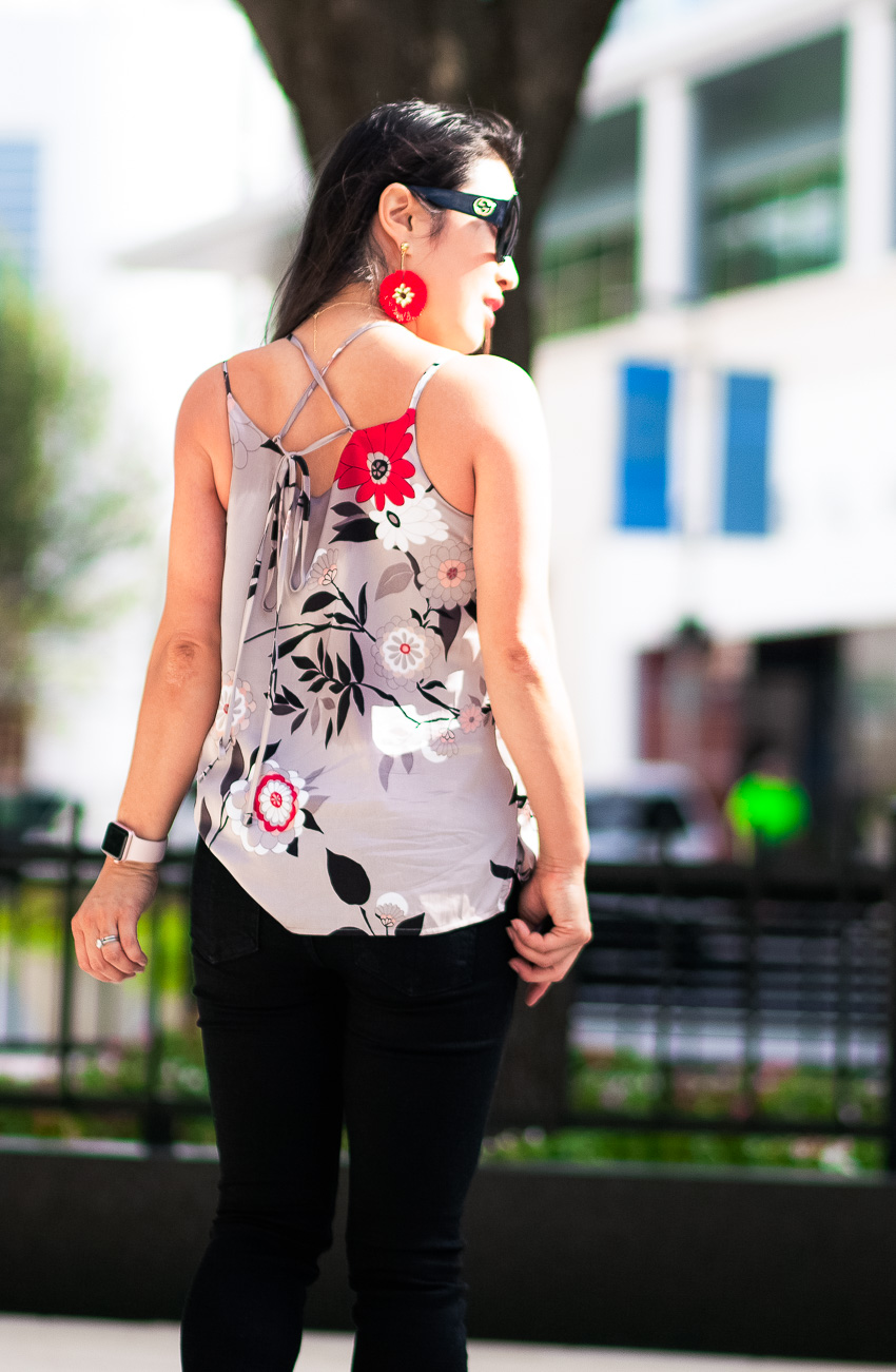 cute & little | dallas petite fashion blogger | loft botanical charmeuse cami, baublebar rosita drop earrings | summer work outfit - Life Update: Balancing Career After Baby by Dallas mom blogger cute and little