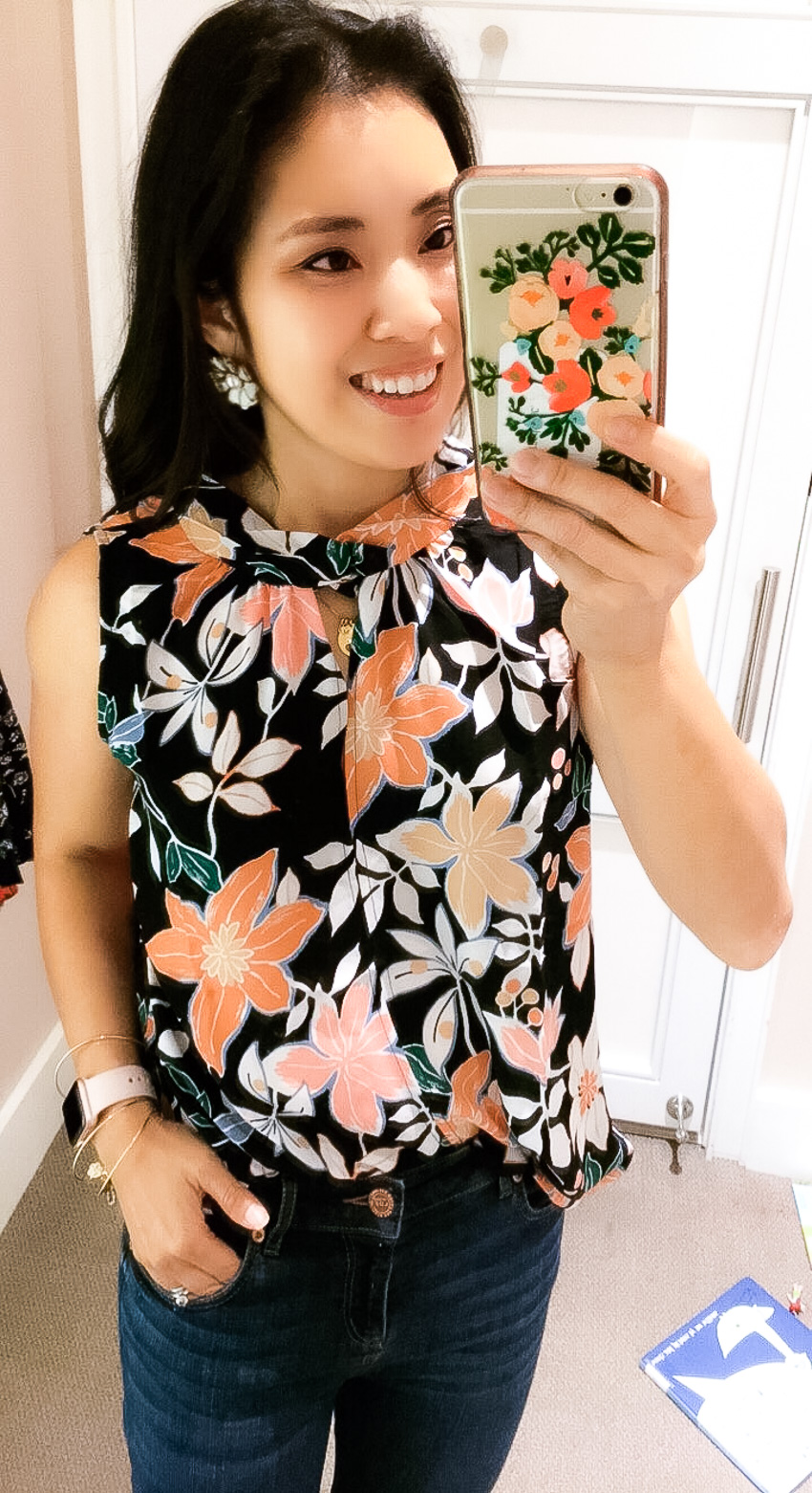 LOFT Sale: Dressing Room Diaries by Dallas fashion blogger cute and little | wild orchid mixed media top | loft dressing room review
