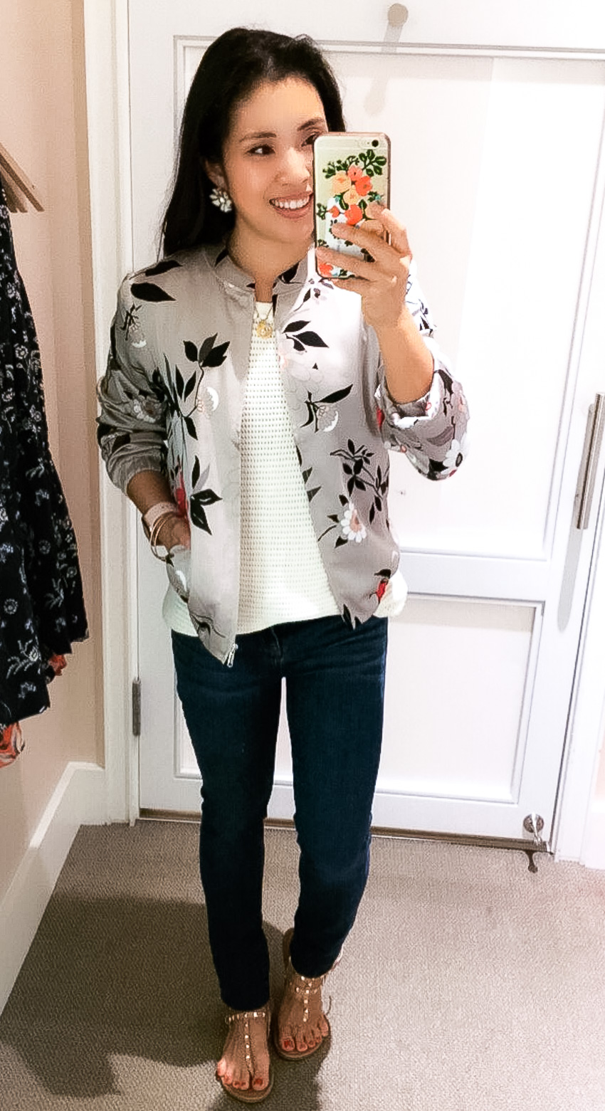 LOFT Sale: Dressing Room Diaries by Dallas fashion blogger cute and little | botanical charmeuse bomber jacket | loft dressing room review