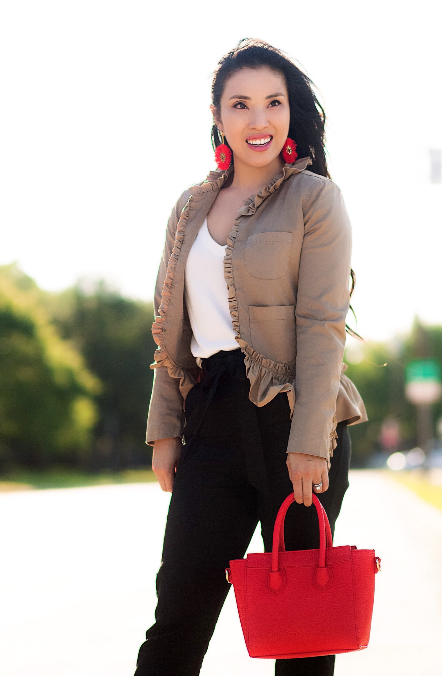 cute & little blog | j.crew ruffle chino blazer, express high-waisted linen pants, leopard print mules sliders, red celine mini - Comfy & Chic Work Outfit // Ann Taylor 50% Off Sale! by petite Dallas fashion blogger cute and little