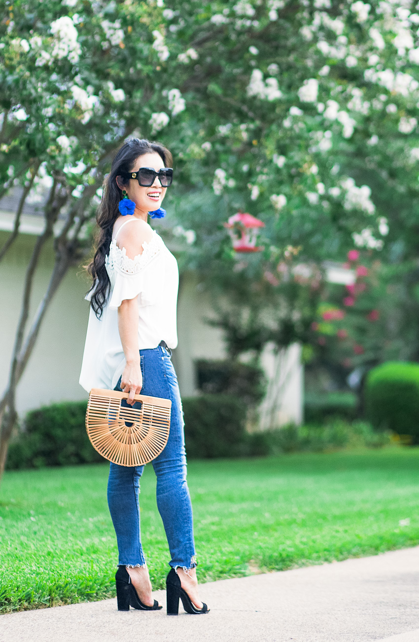 cute & little blog | crochet open-shoulder top, tory burch feather drop earrings, petite distressed step hem jeans | summer outfit - Finding Forever 21 Promo Codes by Dallas fashion blogger cute and little
