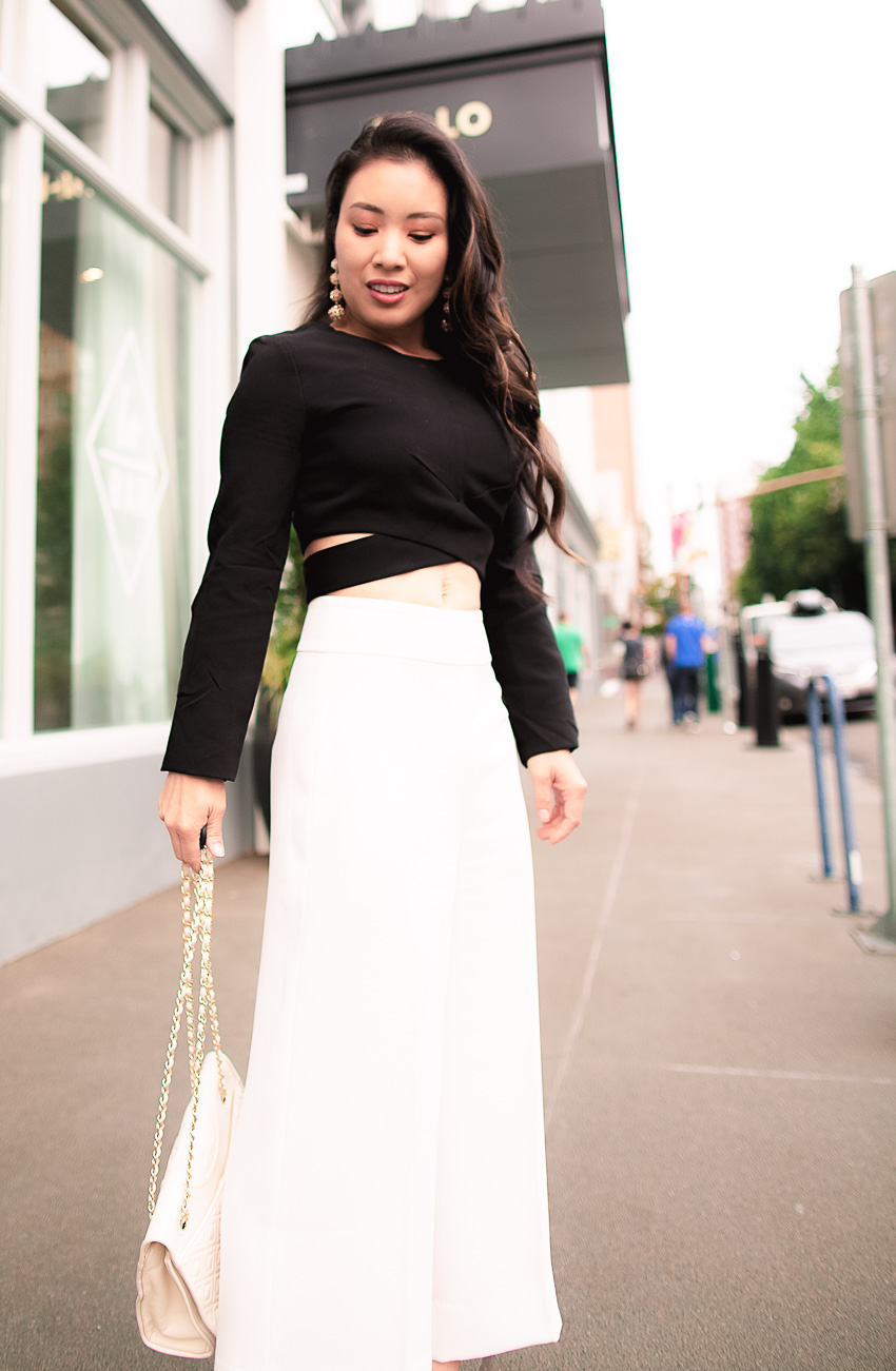 cute & little | petite fashion blog | black crop top, white culottes, white pumps | dressed up outfit