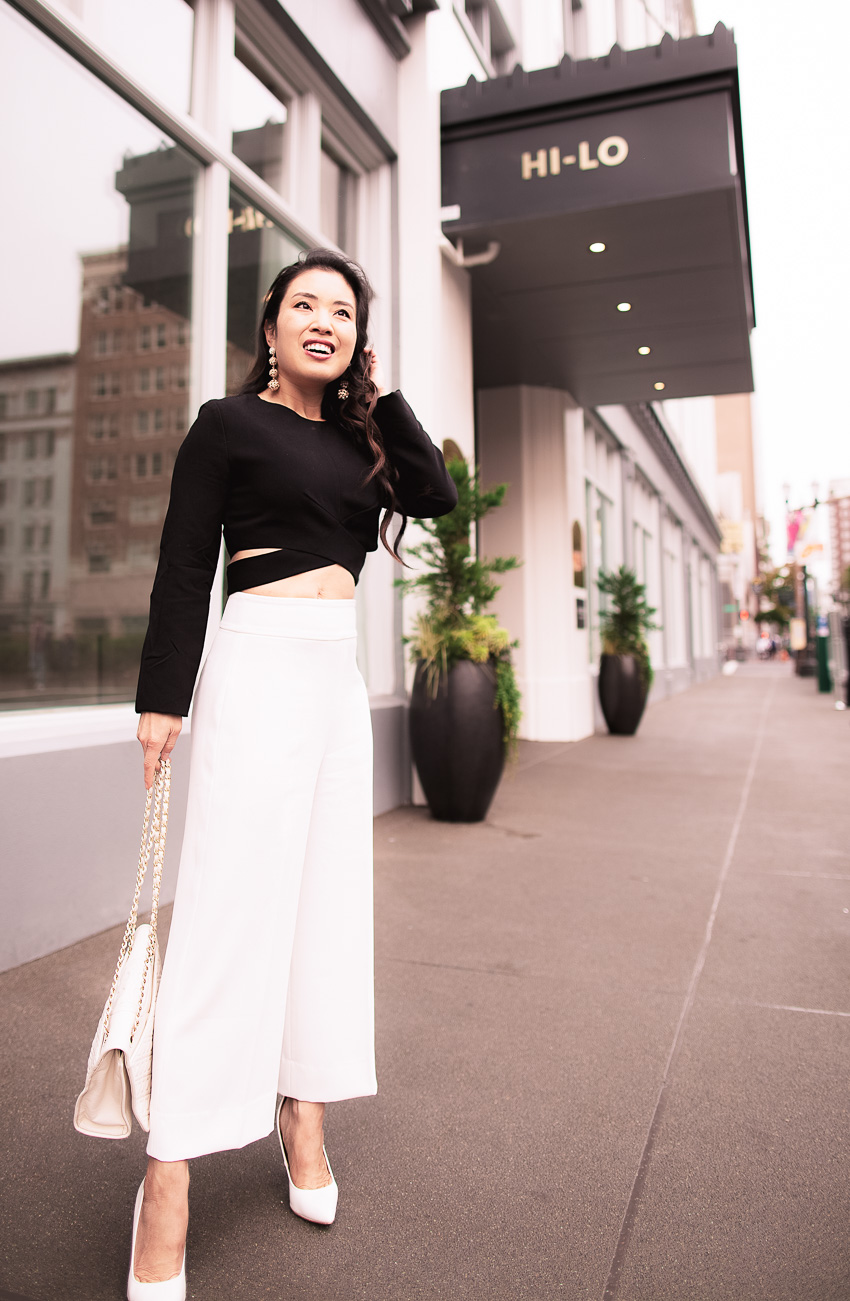 cute & little | petite fashion blog | black crop top, white culottes, white pumps | dressed up outfit - Playing With Proportions & My Favorite Crop Top Outfit by Dallas petite fashion blogger cute and little