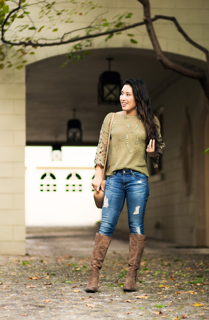 cute & little blog | olive lace crochet knit sweater, layered long necklace, born fannar boots, gucci soho | fall outfit - Petite-Friendly Tall Boots with Born Shoes by Dallas petite fashion blogger cute & little