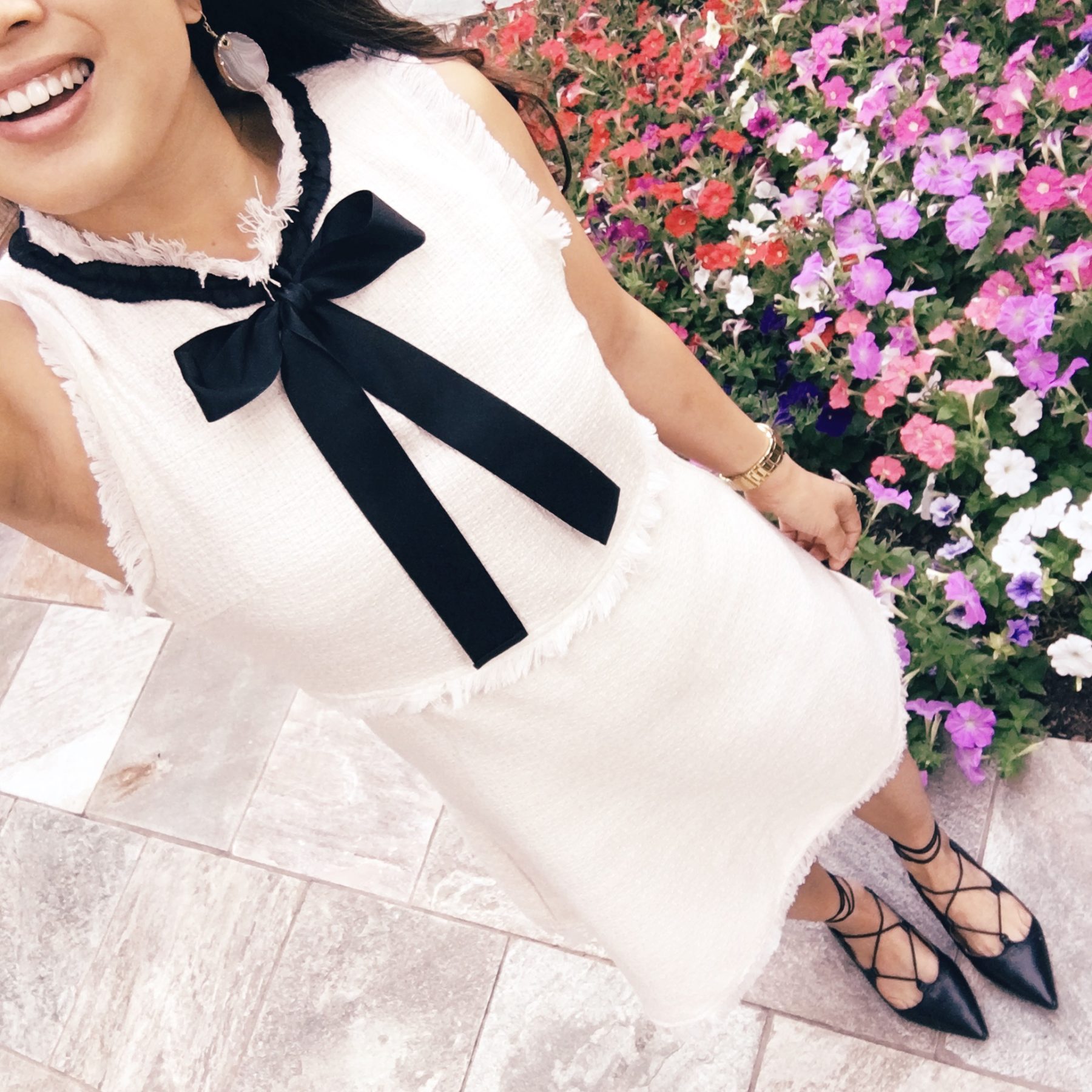 cute & little | petite fashion blog | white black bow tweed dress, lace-up flats | date night outfit - Instagram Fashion Roundup featured by popular Dallas petite fashion blogger, Cute & Little