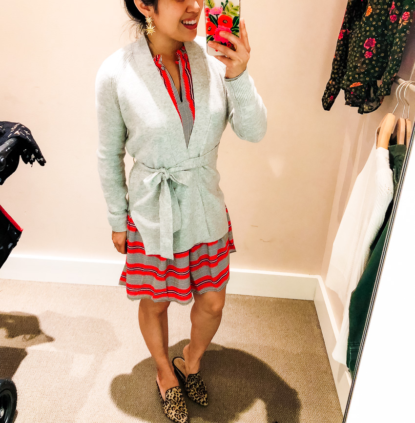cute & little | dallas petite fashion blog | loft dressing room review | loft spiced striped flounce shirtdress, loft belted cardigan - LOFT Sale - 50% Off: Dressing Room Review by Dallas fashion blogger cute & little