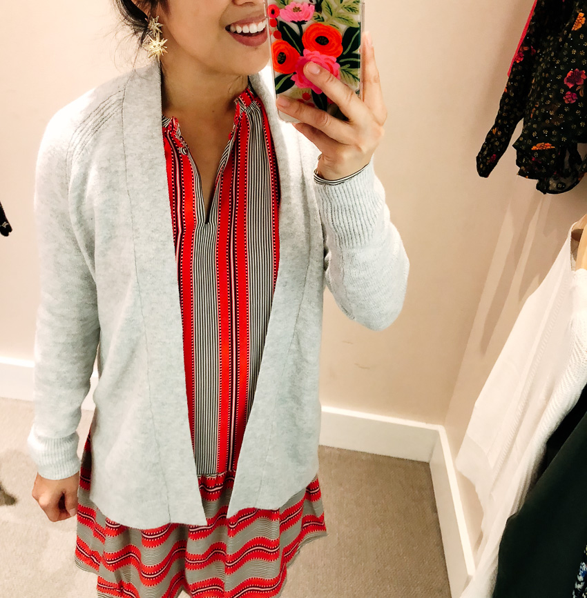 cute & little | dallas petite fashion blog | loft dressing room review | loft spiced striped flounce shirtdress, loft belted cardigan