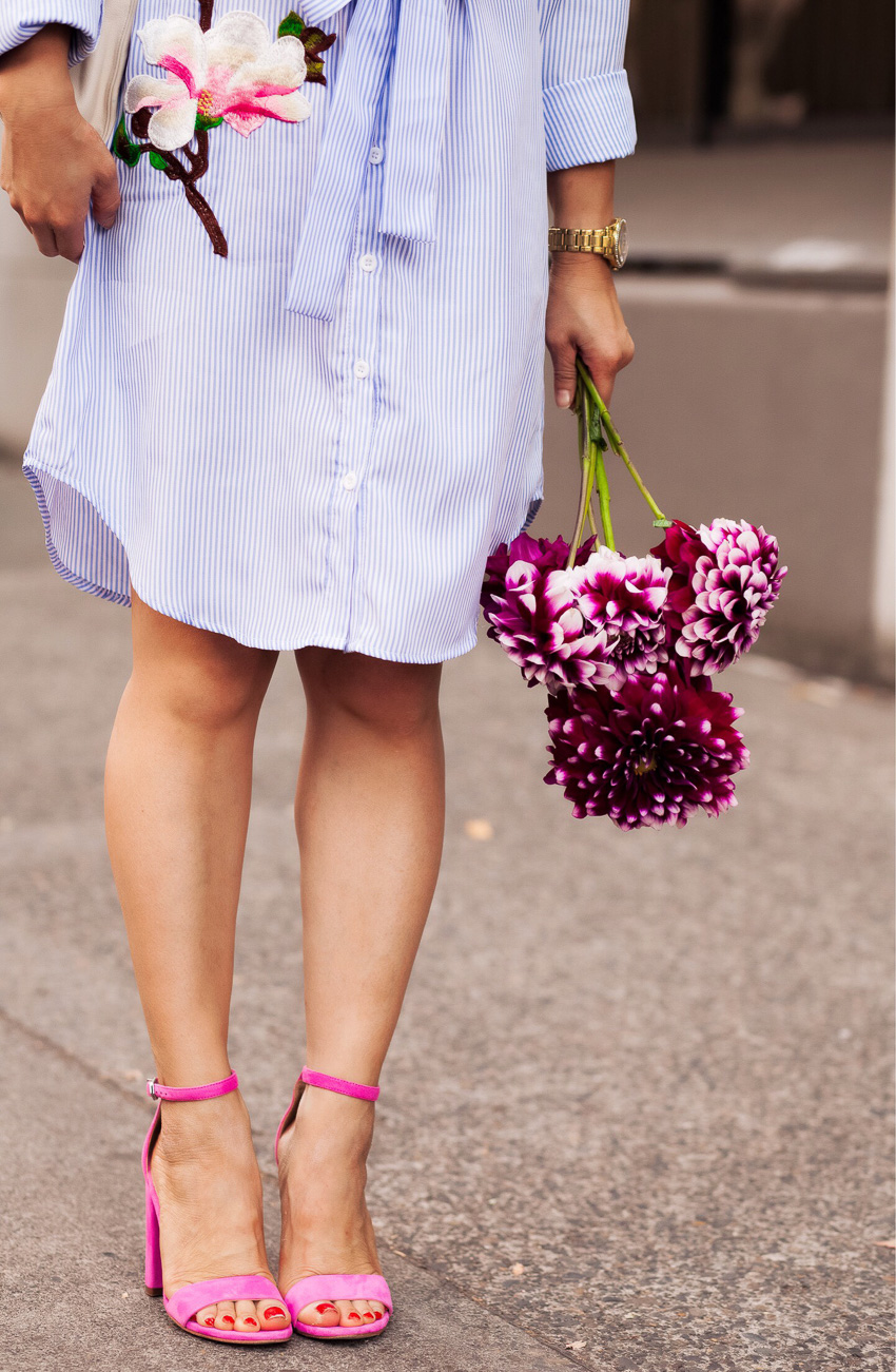 cute & little | dallas petite fashion blogger | striped embroidered shirt dress | pink strappy heels outfit