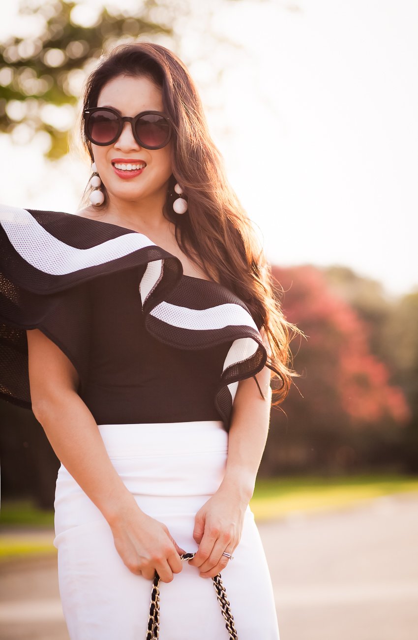 cute & little | petite dallas fashion blogger | black ruffle bodysuit, white pencil skirt | date night outfit