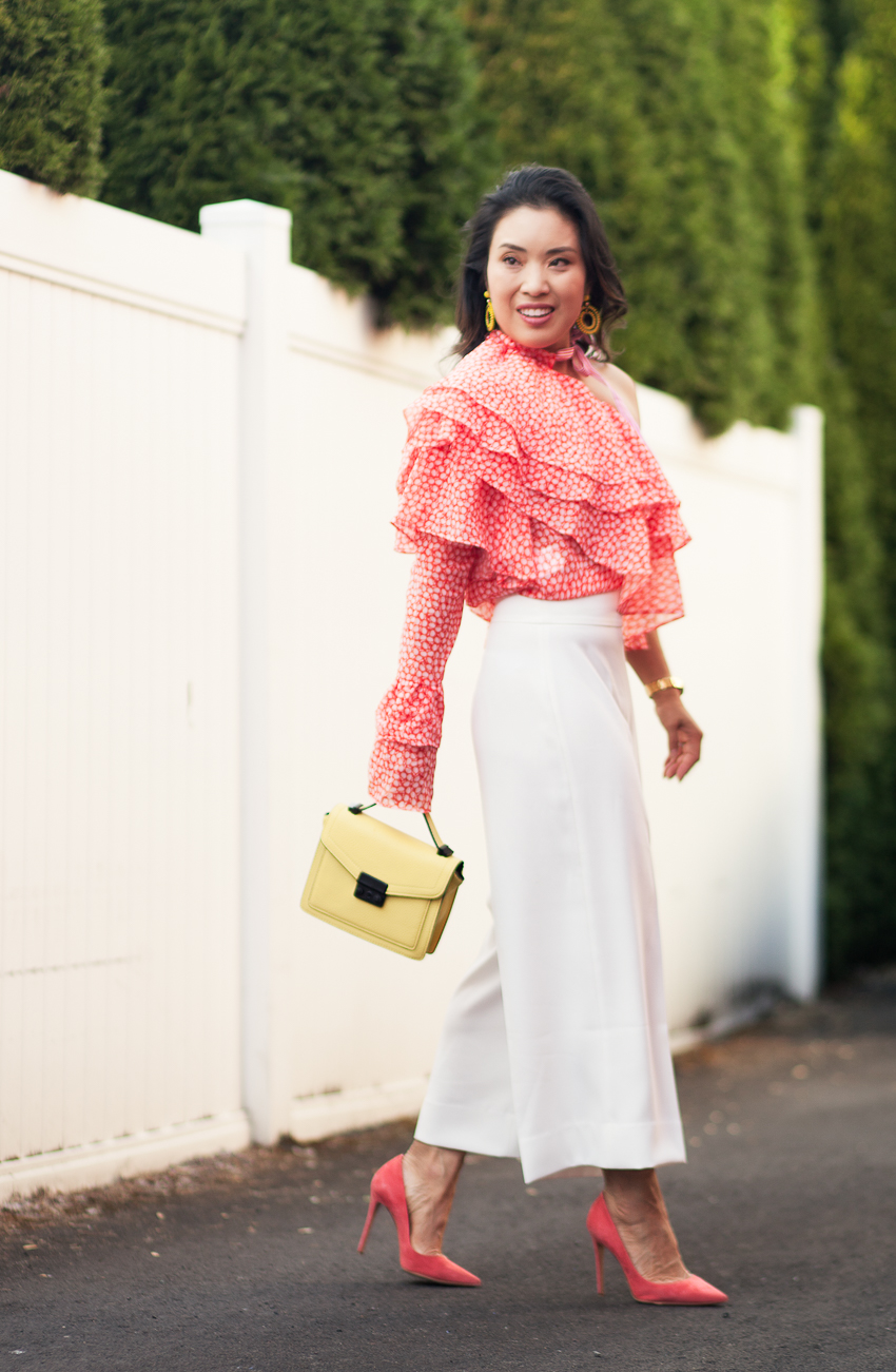 cute & little | dallas petite fashion blog | one-shoulder dot print layered ruffle top, white culottes, yellow satchel, m.gemi cammeo pumps | date night dressed up outfit - Ruffle Shoulder Top & Frills by Dallas petite fashion blogger cute & little