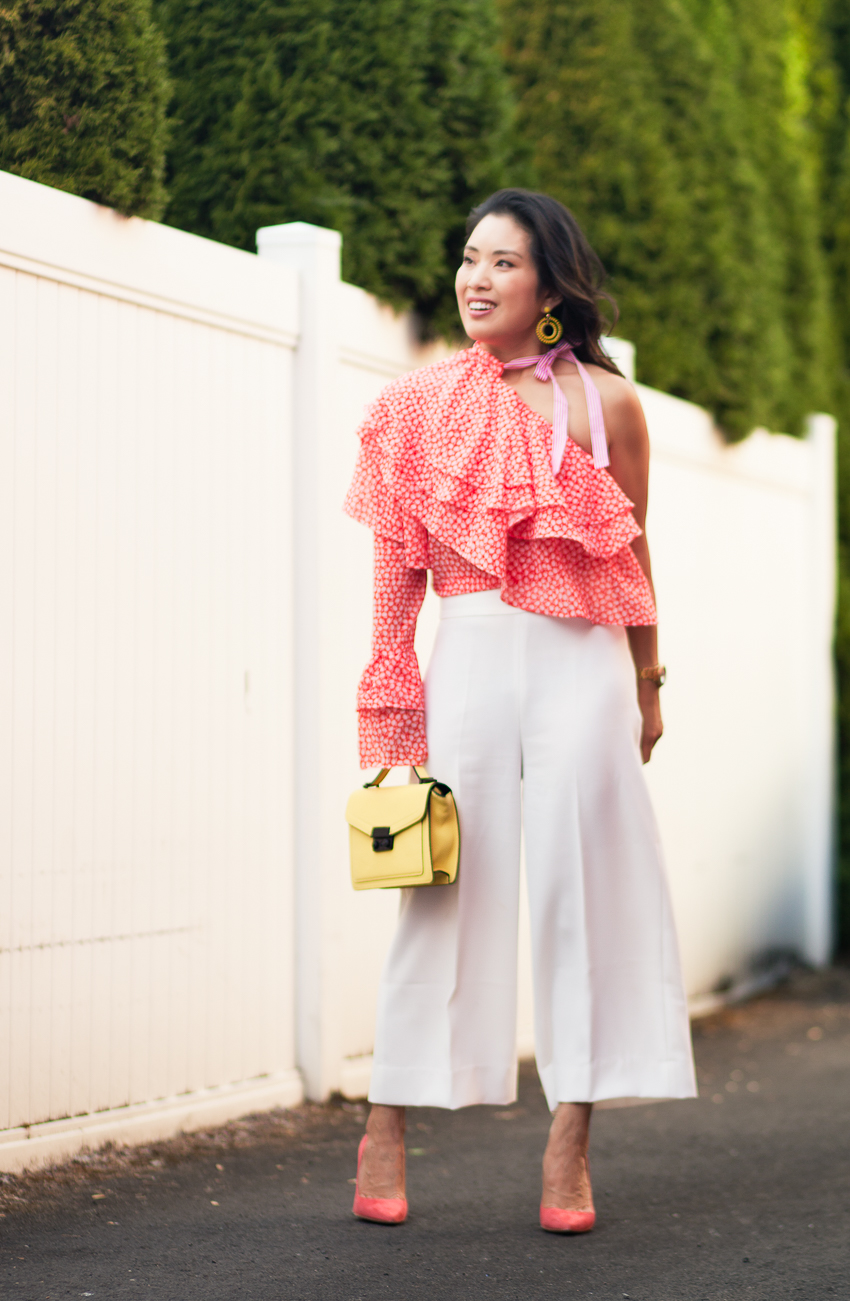 cute & little | dallas petite fashion blog | one-shoulder dot print layered ruffle top, white culottes, yellow satchel, m.gemi cammeo pumps | date night dressed up outfit - Ruffle Shoulder Top & Frills by Dallas petite fashion blogger cute & little