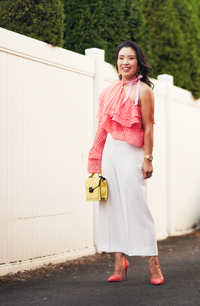 cute & little | dallas petite fashion blog | one-shoulder dot print layered ruffle top, white culottes, yellow satchel, m.gemi cammeo pumps | date night dressed up outfit