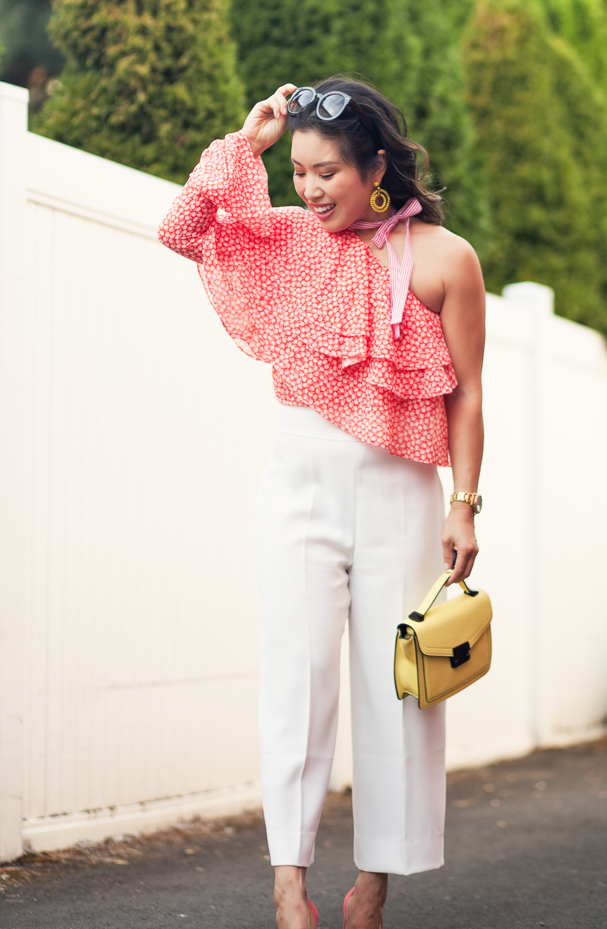 cute & little | dallas petite fashion blog | one-shoulder dot print layered ruffle top, white culottes, yellow satchel, m.gemi cammeo pumps | date night dressed up outfit