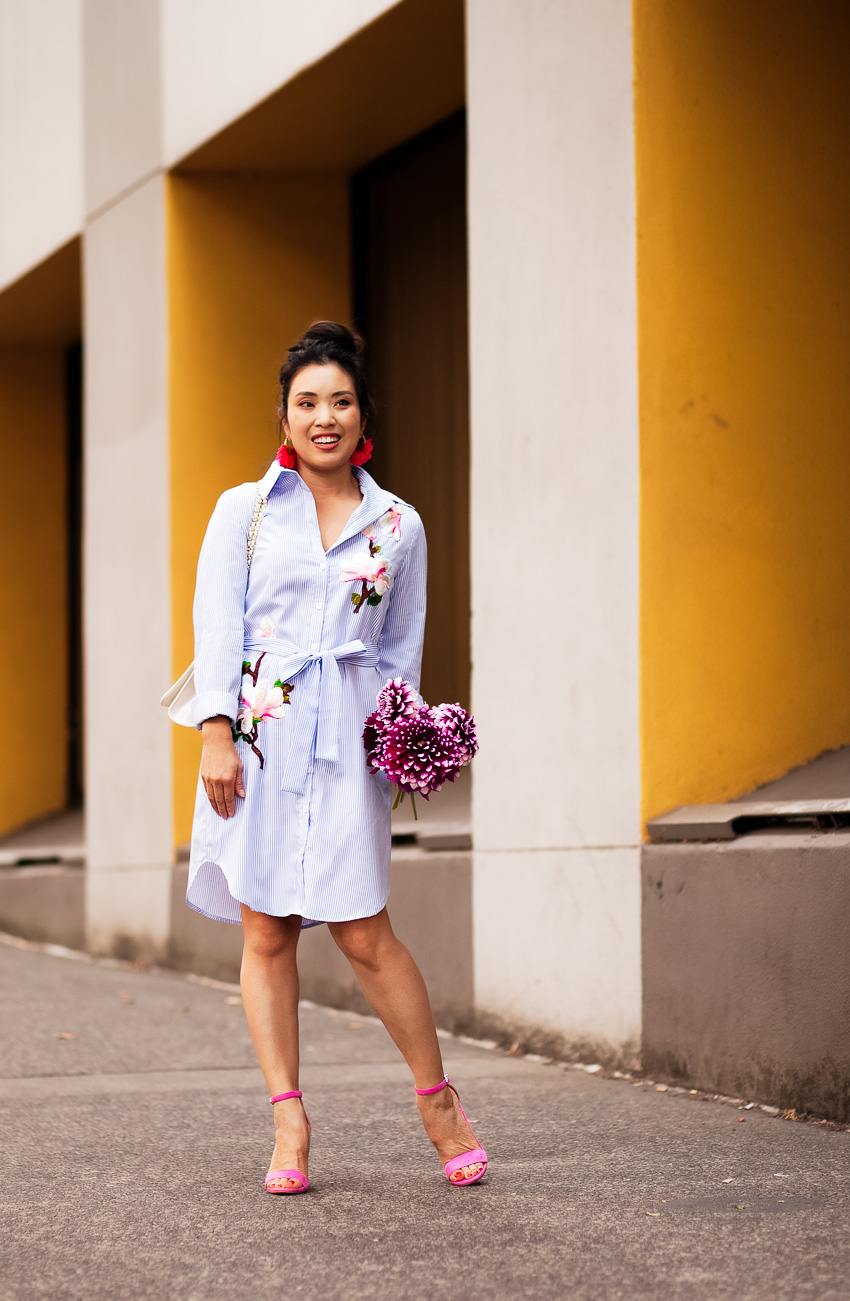 cute & little | dallas petite fashion blogger | striped embroidered shirt dress | pink strappy heels outfit - My Favorite Floral Shirt Dress + Wearing the Embroidery Trend by Dallas petite fashion blogger cute & little