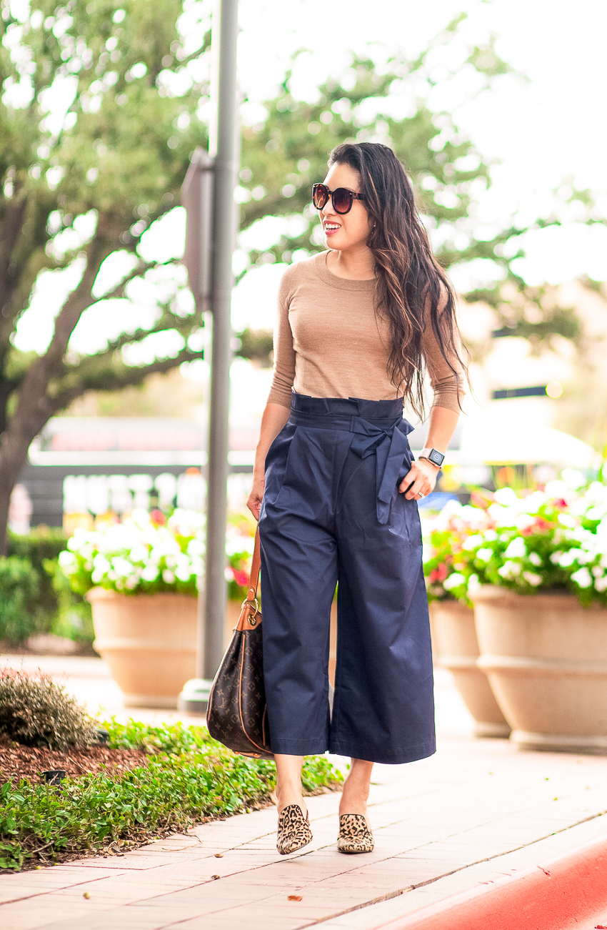 cute & little | dallas petite fashion blog | j.crew tippi sweater, paperbag waist culottes pants, leopard mules, louis vuitton galliera | fall work outfit - Why You Need To Try Paperbag Waist Pants by Dallas petite fashion blogger cute & little