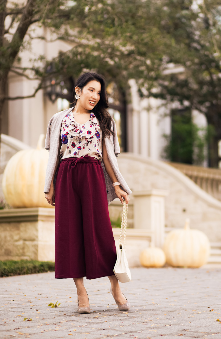 cute & little | dallas petite fashion blogger | floral shell, burgundy wide leg culottes, shoe carnival grey embroidered pumps | fall outfit - Fall Fashion Overhaul: The Perfect Outfit Starts With Shoes by Dallas petite blogger cute & little