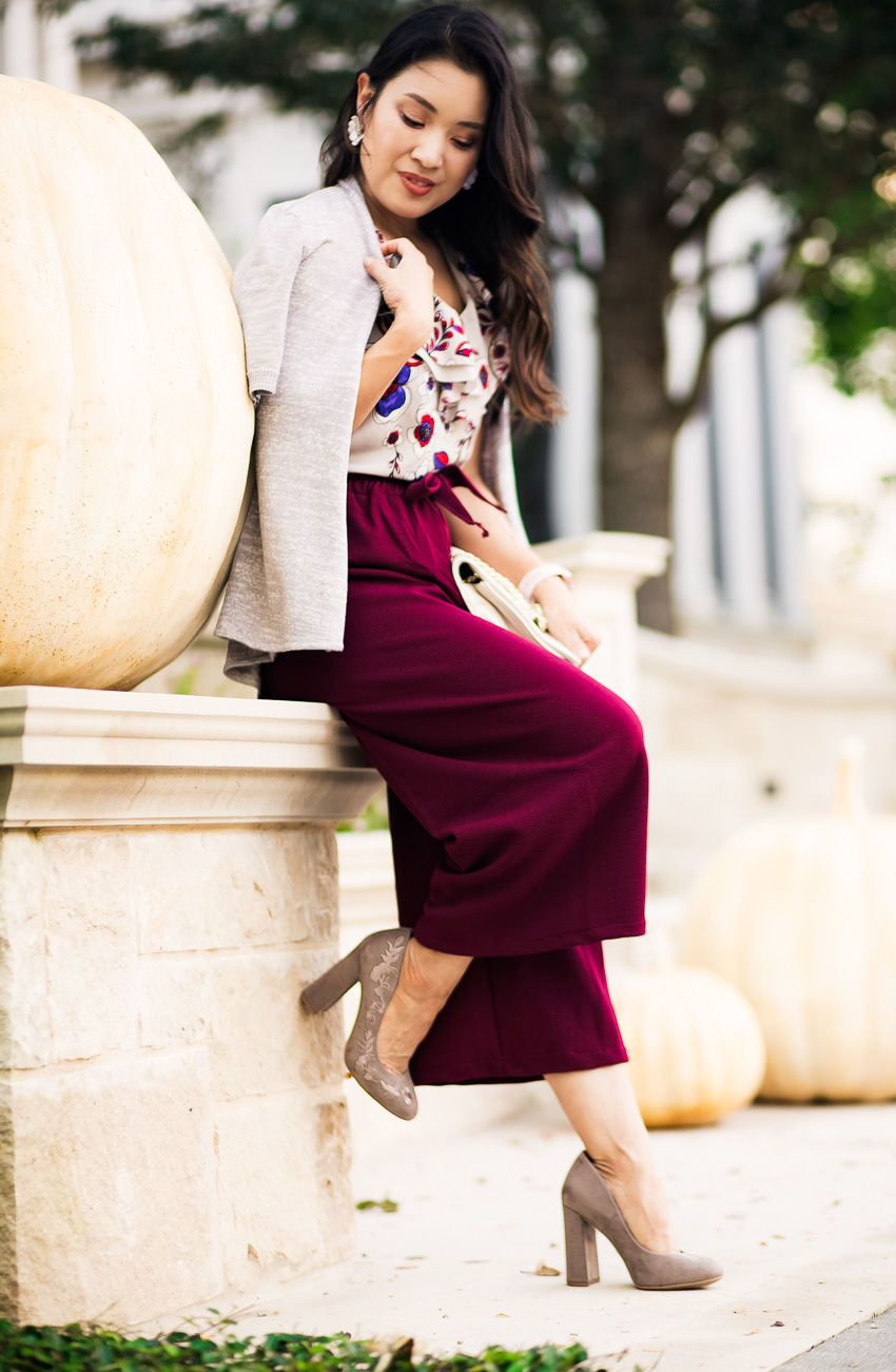 cute & little | dallas petite fashion blogger | floral shell, burgundy wide leg culottes, shoe carnival grey embroidered pumps | fall outfit - Fall Fashion Overhaul: The Perfect Outfit Starts With Shoes by Dallas petite blogger cute & little