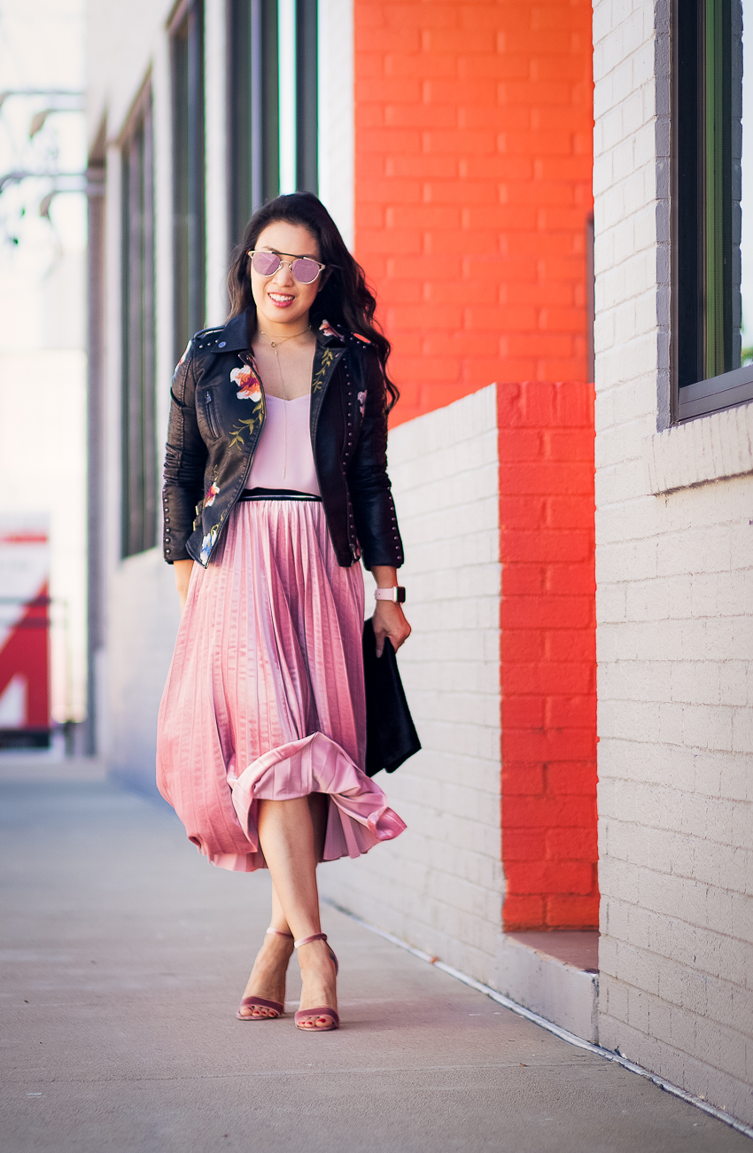 cute & little blog | floral embroidered black leather moto jacket, pink cami, pink pleated midi skirt, pink suede heels | fall outfit - This Season's Trend: The Embroidered Moto Jacket by Dallas petite fashion blogger cute & little