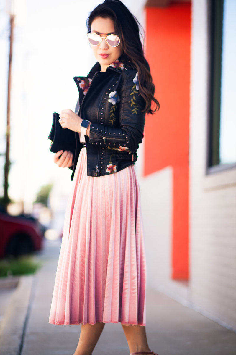 cute & little blog | floral embroidered black leather moto jacket, pink cami, pink pleated midi skirt, pink suede heels | fall outfit