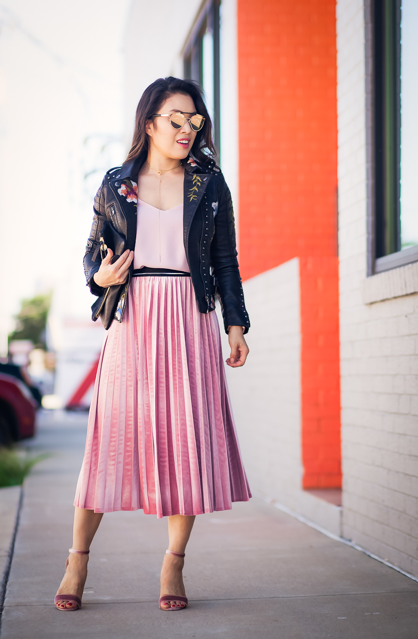 cute & little blog | floral embroidered black leather moto jacket, pink cami, pink pleated midi skirt, pink suede heels | fall outfit - This Season's Trend: The Embroidered Moto Jacket by Dallas petite fashion blogger cute & little