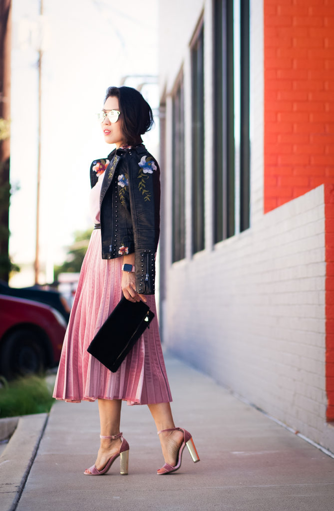 cute & little blog | floral embroidered black leather moto jacket, pink pleated midi skirt, pink suede heels | fall outfit
