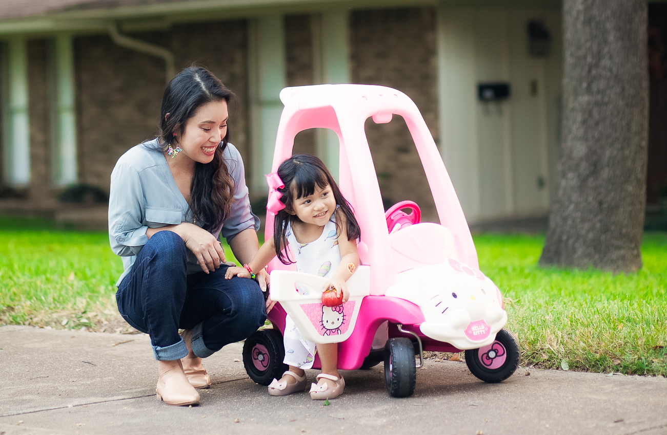 cute & little | dallas fashion blogger | hello kitty cozy coupe - The Best Mom Jeans That Fit Your Life by Dallas fashion blogger cute & little
