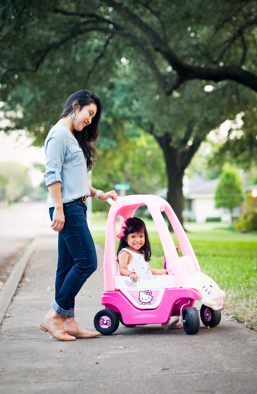cute & little | dallas fashion blogger | hello kitty cozy coupe - The Best Mom Jeans That Fit Your Life by Dallas fashion blogger cute & little