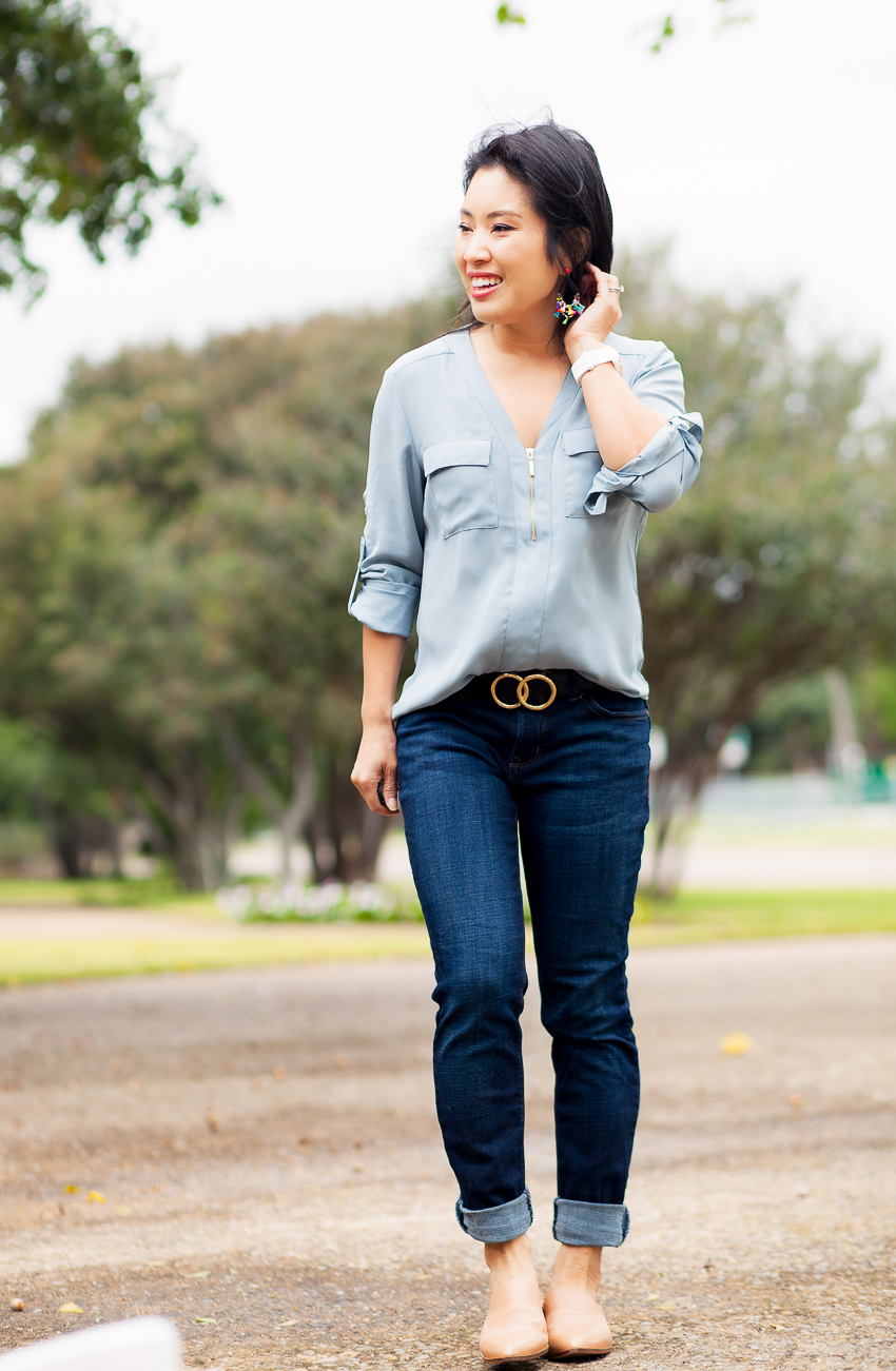 cute & little | dallas petite fashion blogger | lee modern series dream faith skinny jeans, express zip front blouse, halogen corbin mules | fall #momlife outfit - The Best Mom Jeans That Fit Your Life by Dallas fashion blogger cute & little