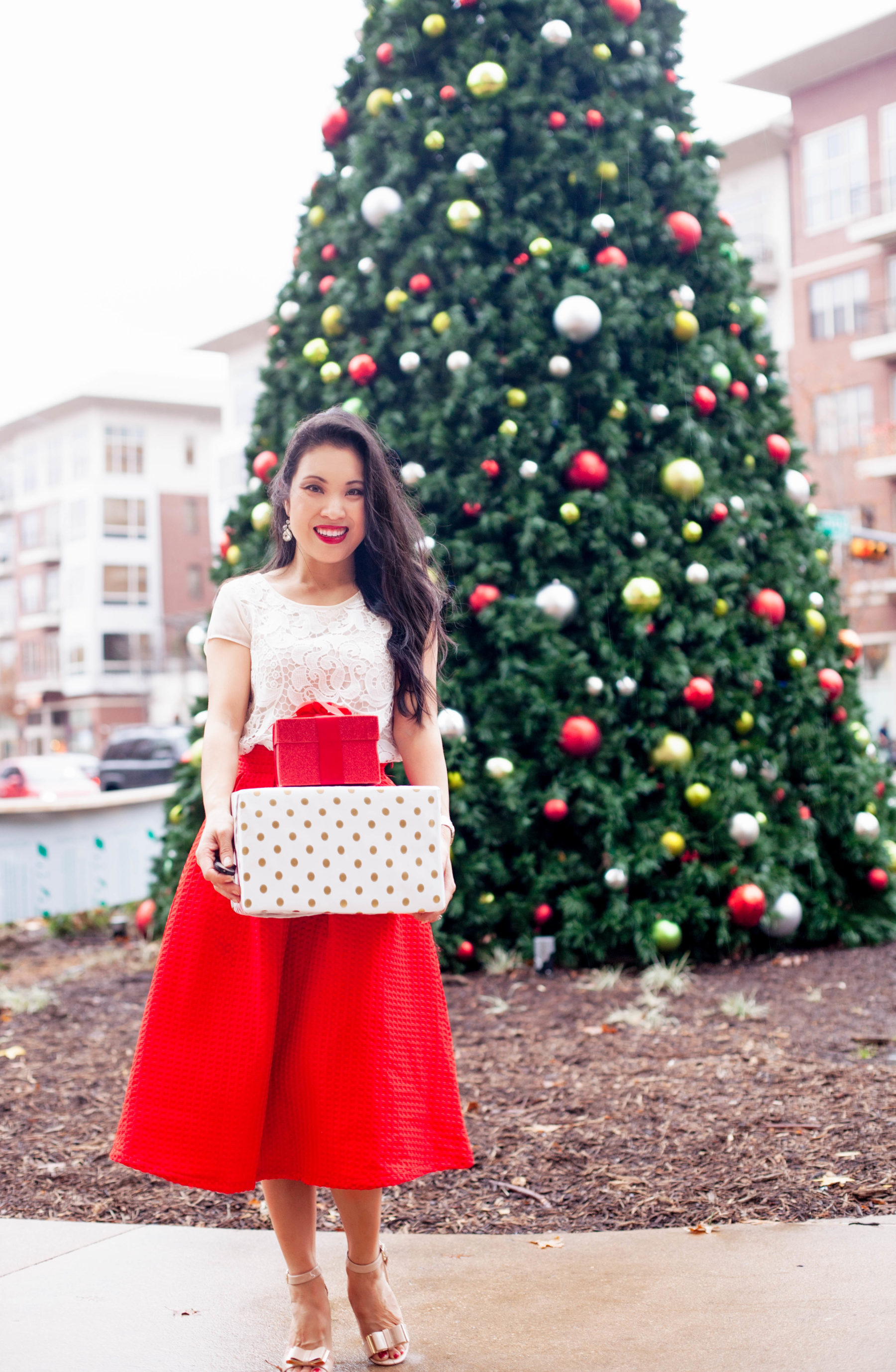 red midi skirt | holiday shopping | christmas tree