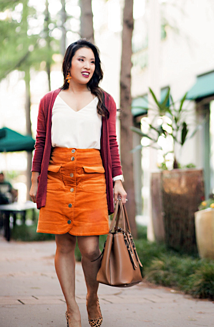 cute & little | dallas petite fashion blog | burgundy cardigan, marigold corduroy skirt, amrita singh sunset earrings, leopard pumps, prada cuir bag | updating for fall - Updating With Fall Textures and Tones by Dallas petite fashion blogger cute & little