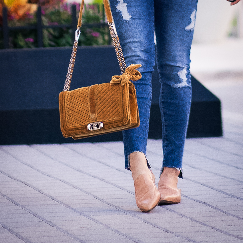 cute & little | dallas petite fashion blogger | distressed jeans, halogen corbin nude slides, minkoff velvet chevron crossbody | fall outfit - Trend To Try: The Best Mules by Dallas fashion blogger cute & little
