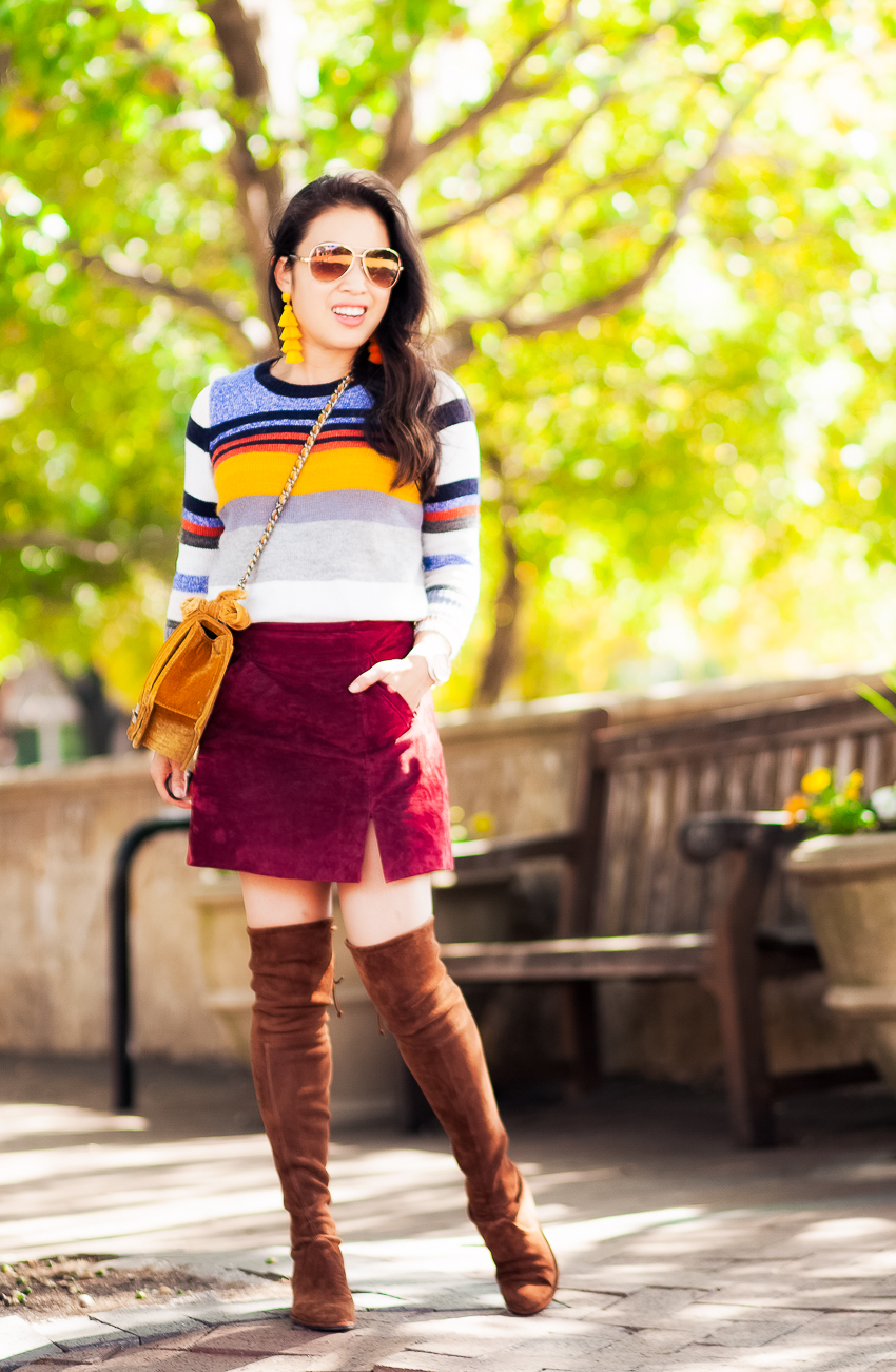cute & little | loft striped sweater, burgundy suede mini skirt, stuart weitzman lowland otk boots, minkoff velvet chevron crossbody | fall outfit - Fall's Suede Mini Skirt by Dallas fashion blogger cute & little