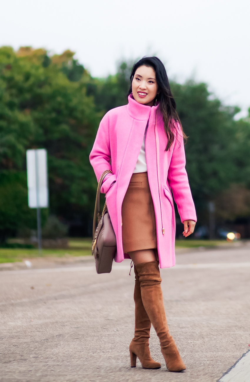 cute & little | dallas fashion blogger | petite blog | j.crew peony heather cocoon coat, tan shift mini skirt, stuart weitzman highland boots nutmeg | fall outfit - Statement Bright Pink Coat by Dallas fashion blogger cute & little