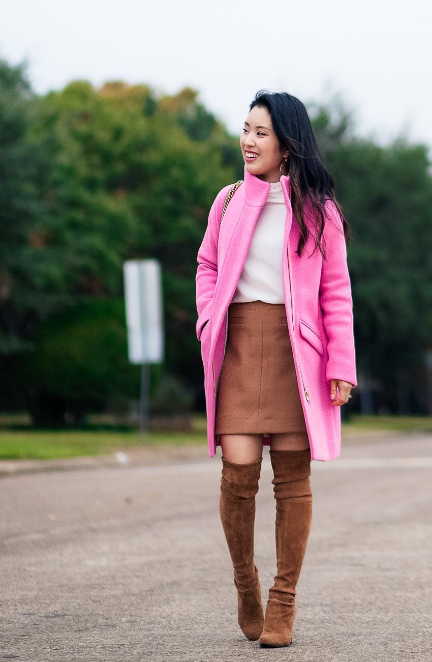 cute & little | dallas fashion blogger | petite blog | j.crew peony heather cocoon coat, tan shift mini skirt, stuart weitzman highland boots nutmeg | fall outfit - Statement Bright Pink Coat by Dallas fashion blogger cute & little